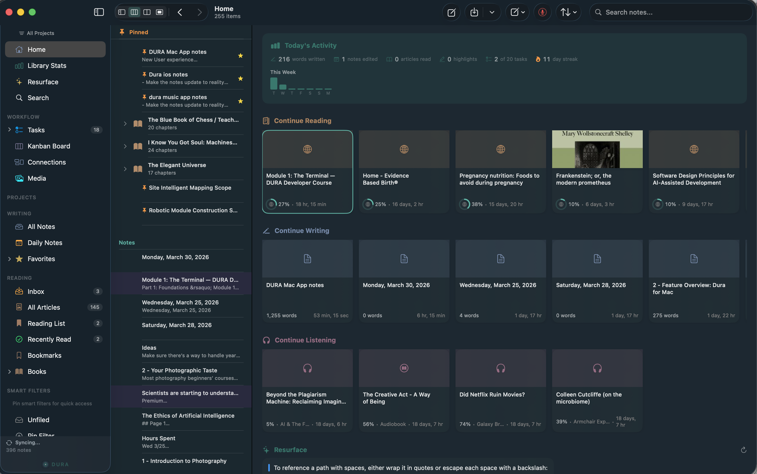 Dura Notes home view